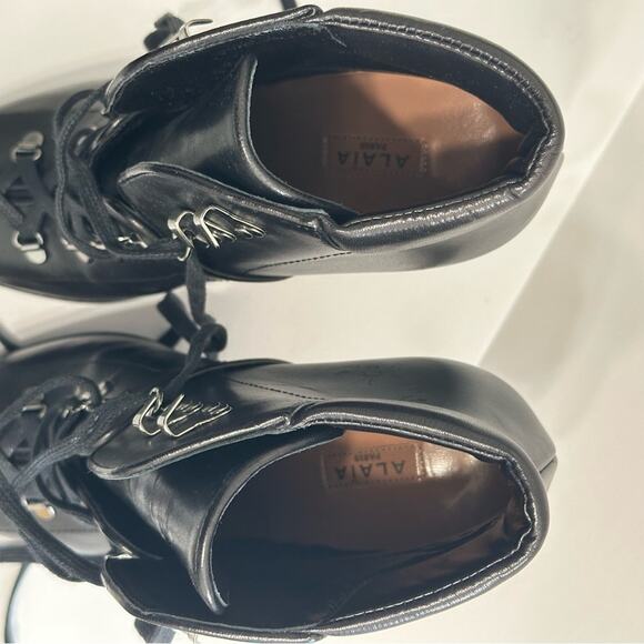 Alaïa Black Leather Hiker Boots EU 38 Trek Ankle Stiletto Lace up - Picture 10 of 16